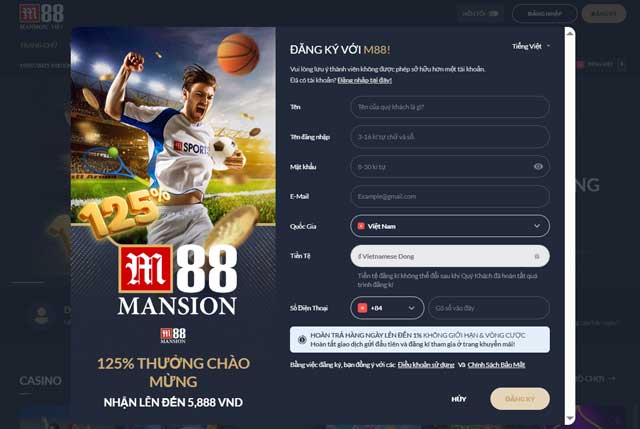 Điền thông tin cá nhân vào form M88 đăng ký